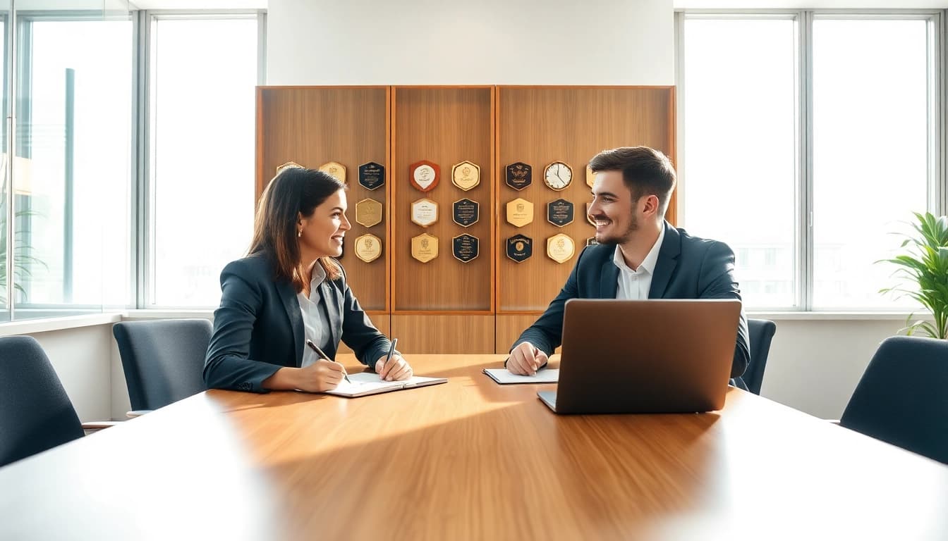 Visualisiere ein produktives Headhunter Sales Meeting in einer modernen Büroumgebung mit aktiven Diskussionen.
