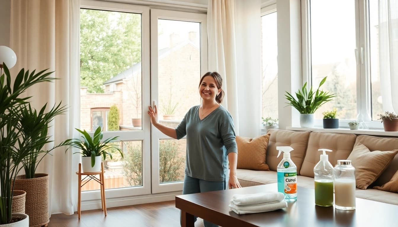 Haushaltshilfe Münster lächelt beim Putzen eines Fensters in einer modernen Wohnung.