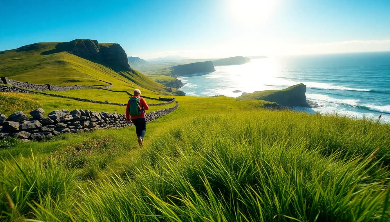Irland wandern auf malerischen grünen Hügeln mit einer farbenfrohen Aussicht.