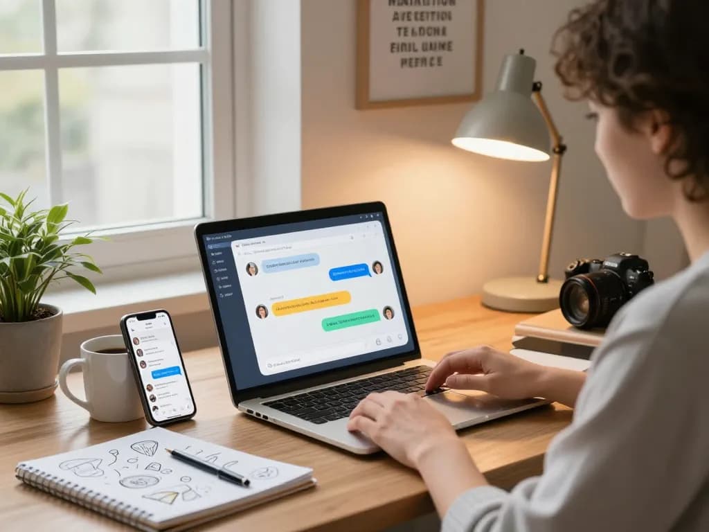 Person engaging in sexting AI conversation in a cozy home office, showcasing modern tech and personal connection.