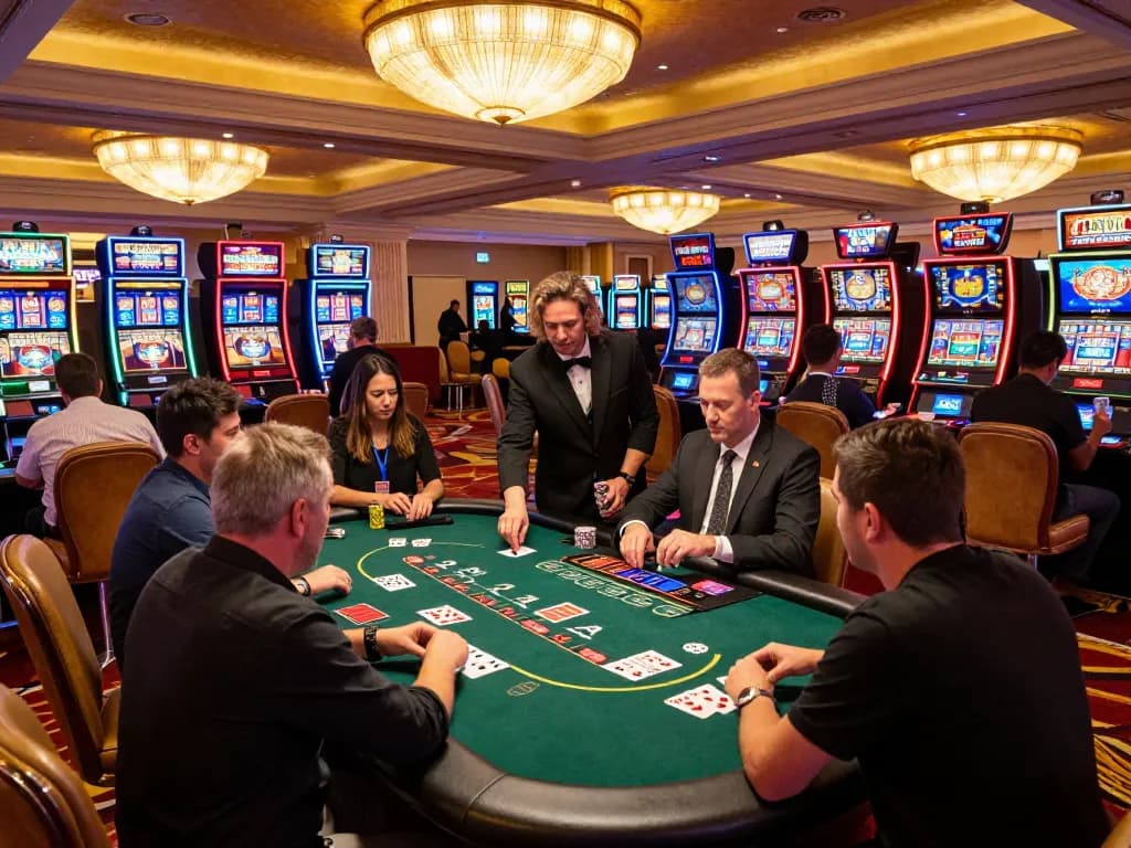 Engaging Go8 blackjack game scene in a vibrant Las Vegas casino floor atmosphere