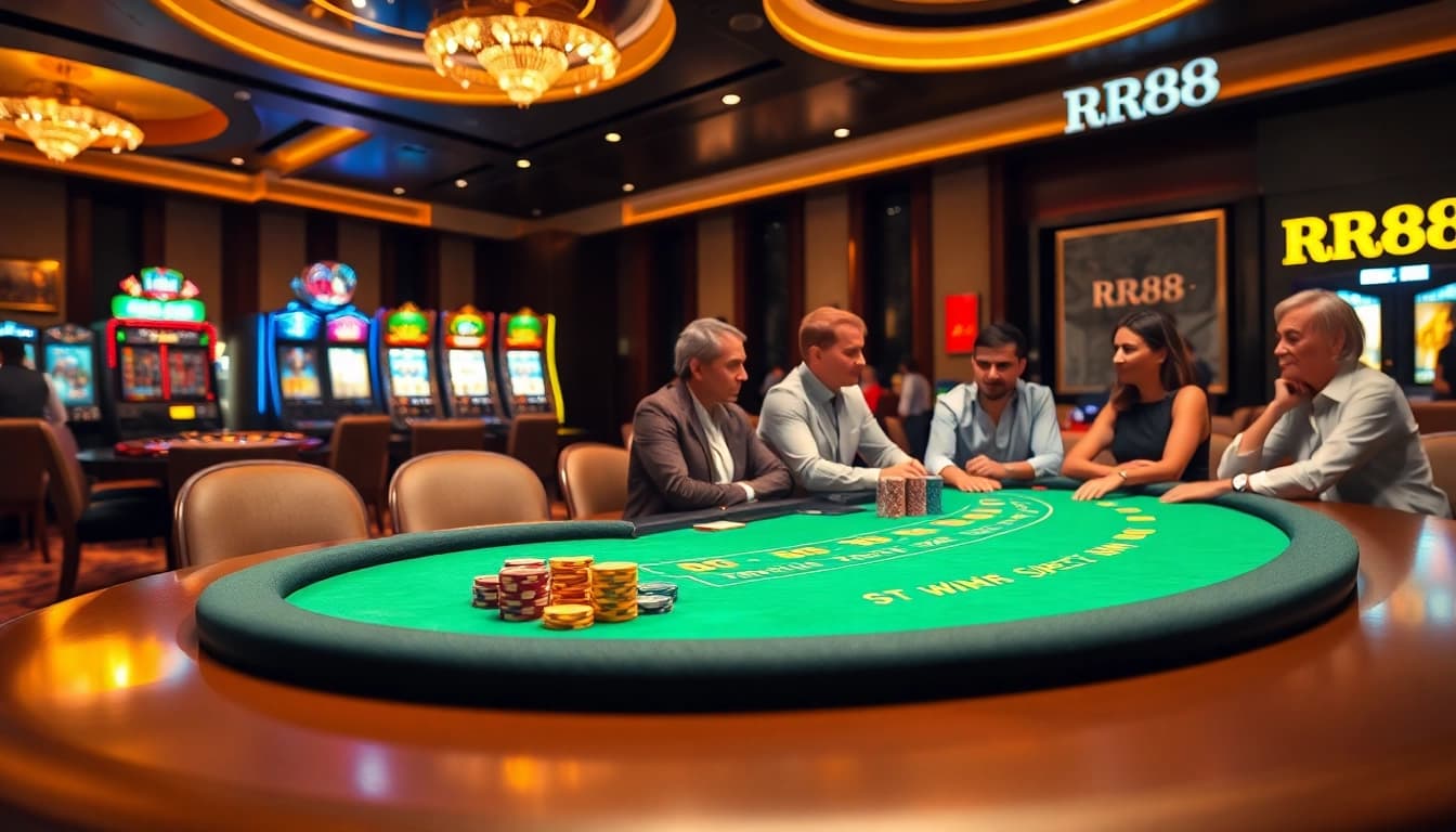 Experience the thrill of RR88 with an elegant casino scene featuring poker and roulette.