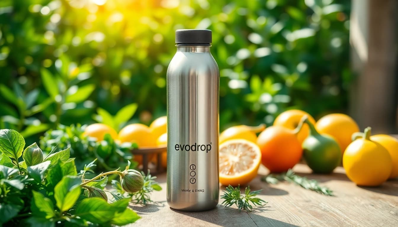 Evodrop - innovativer Trinkbehälter umgeben von frischen Früchten und Kräutern.