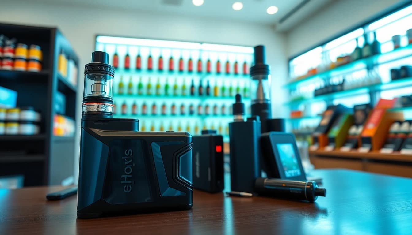 Erkunden Sie den hqd surv Vape, der in einem eleganten Geschäft mit verschiedenen Geschmacksrichtungen präsentiert wird.