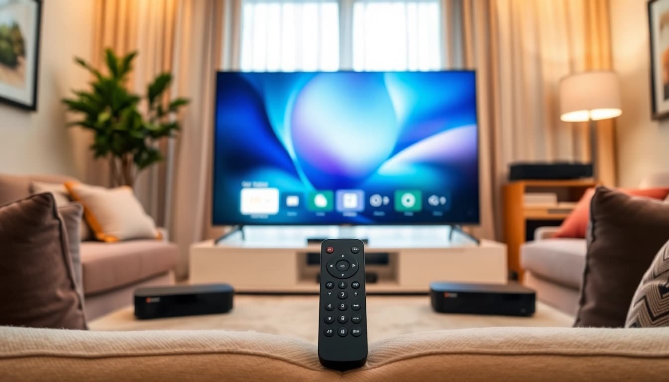 Iptv Deutschland - Modern IPTV setup in a cozy living room with sleek devices.