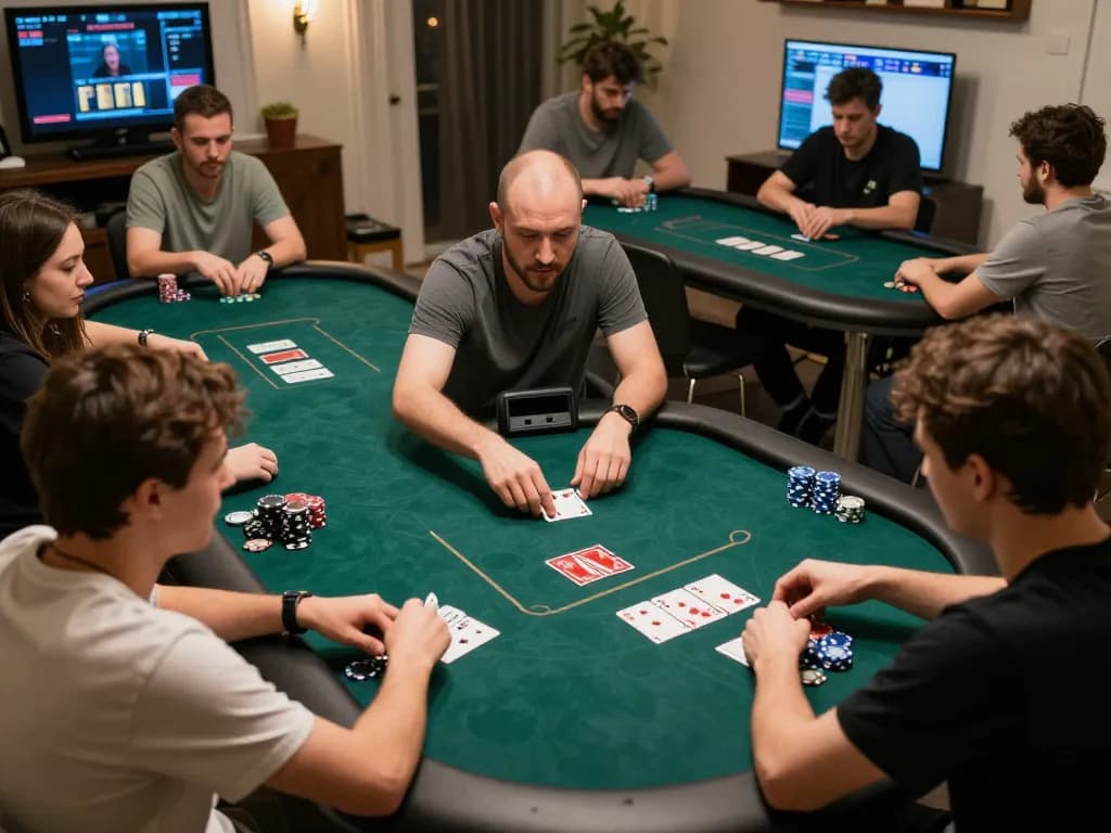 Engaging in strategic online poker gameplay on a tablet, featuring a lively atmosphere and focused players