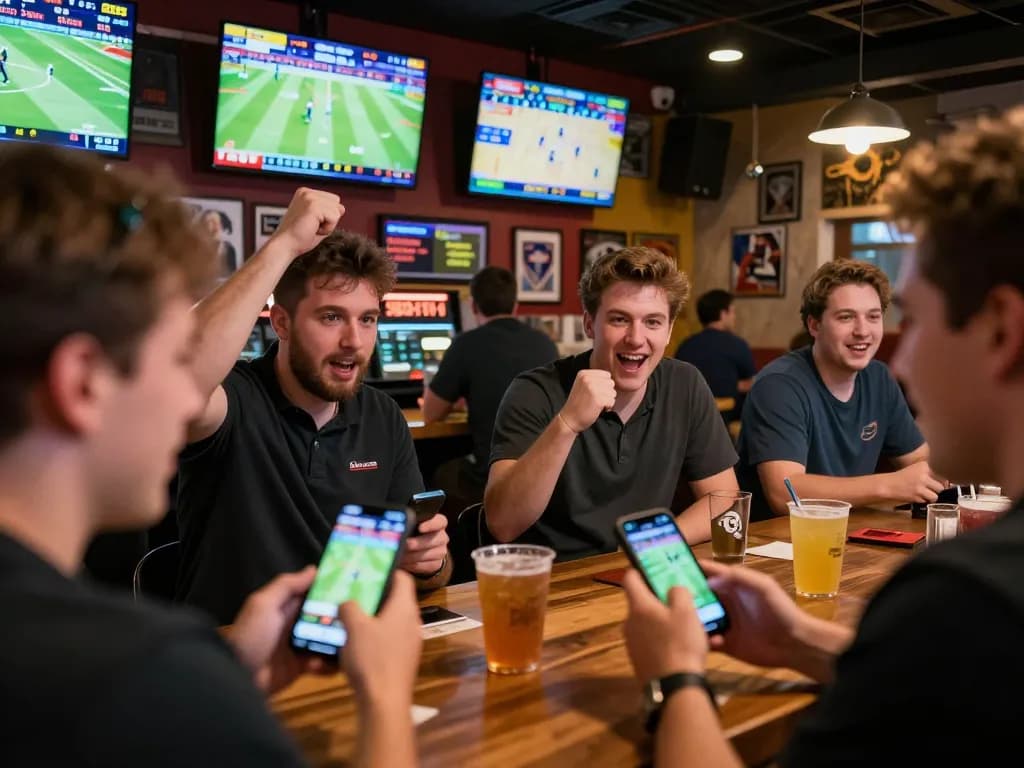 Engaged sports bettors analyzing odds while using the Link SC88 app in a lively sports bar.