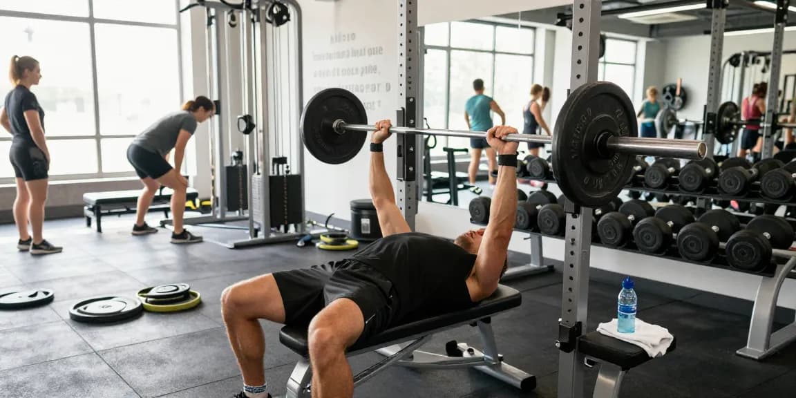 Sportler führt Bankdrücken in einem hellen Fitnessstudio aus, betont Hingabe und Stärke im Anabolika Shop Deutschland.