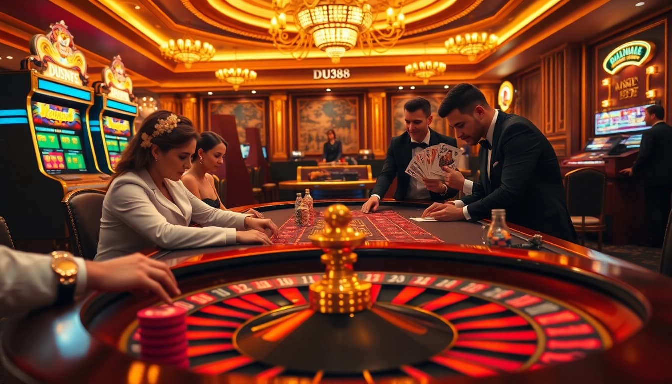 Experience the thrilling DU388 poker game with vibrant chips and an elegant casino backdrop.