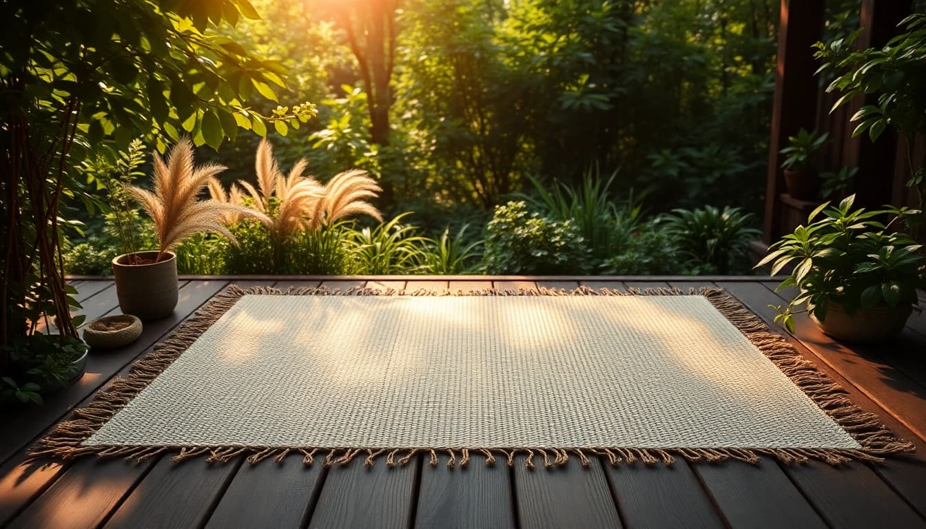 Hanfmatte gelegt auf einem Holzdeck inmitten einer grünen Umgebung und sanftem Sonnenlicht.