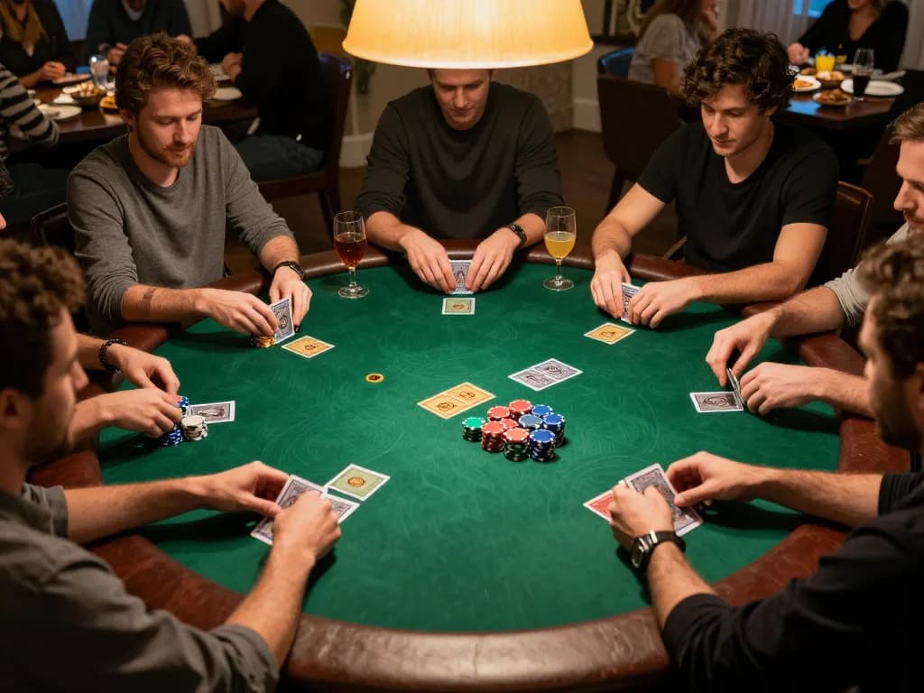 Players engaging in a thrilling poker game at home, showcasing fabet strategies and social excitement