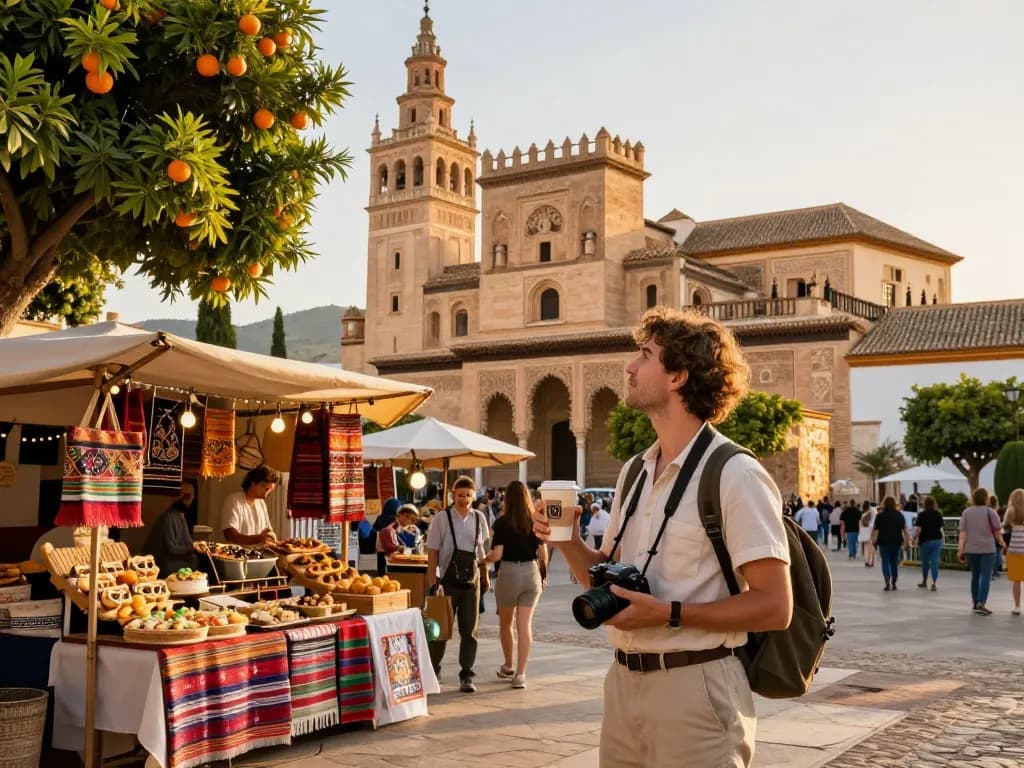 Reisetipps Sevilla: Reisender genießt die lokale Kultur vor dem Real Alcázar während der goldenen Stunde.