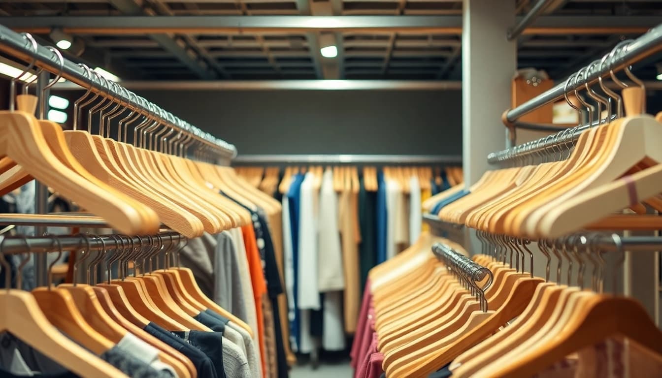 Kleiderbügel Großhandel mit verschiedenen Designs und Materialien in einer kreativen Darstellung.