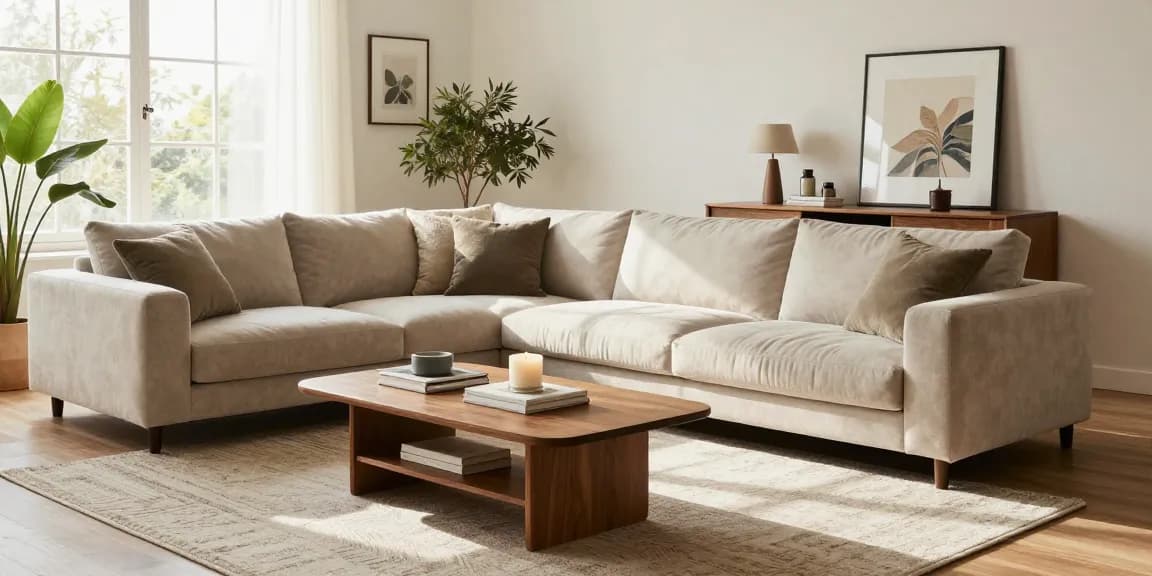 Einladendes Wohnzimmer mit stilvollen Möbeln für möbel günstig kaufen, featuring einem neutraltonigen Ecksofa und dekorativen Accessoires.