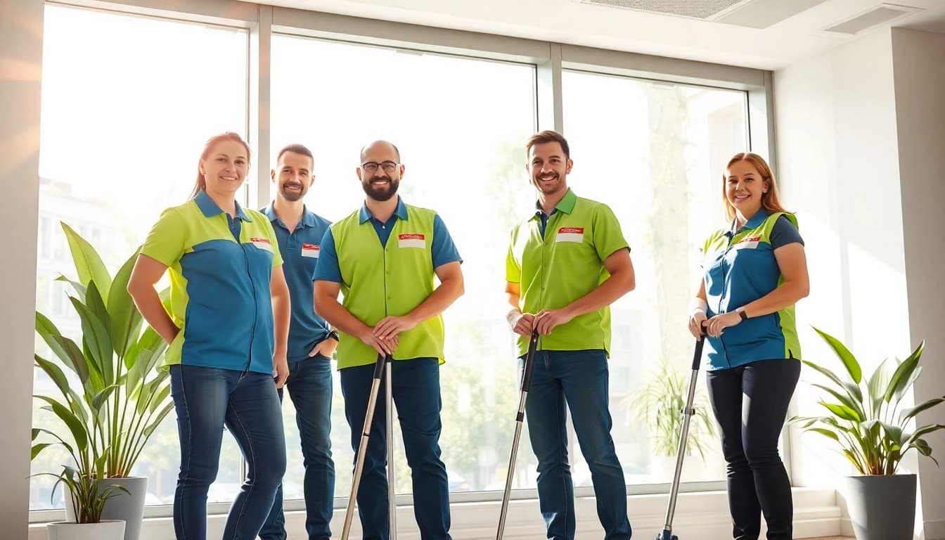 Gebäude mit Herz: Professionelles Reinigungsteam putzt ein großes Fenster in ansprechendem Büroumfeld.