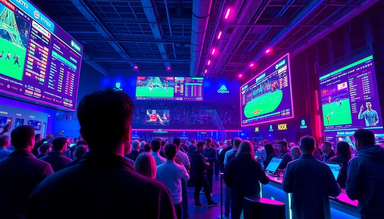 Experience the excitement of sports betting with crypto in a vibrant arena filled with enthusiastic fans.