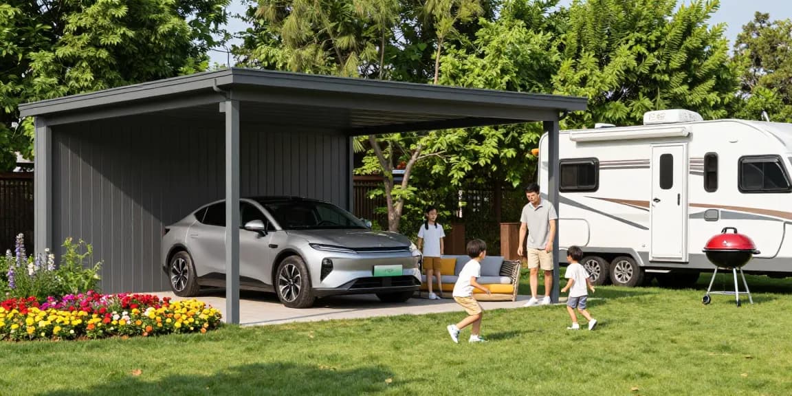 Ein moderner Carport bietet Schatten für ein Auto und ein Wohnmobil, während eine Familie einen sonnigen Tag im Garten genießt.
