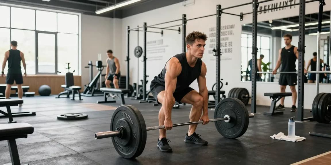 Bodybuilder lifting weights in Anabolika Shop gym setting with intense focus and motivational quotes.