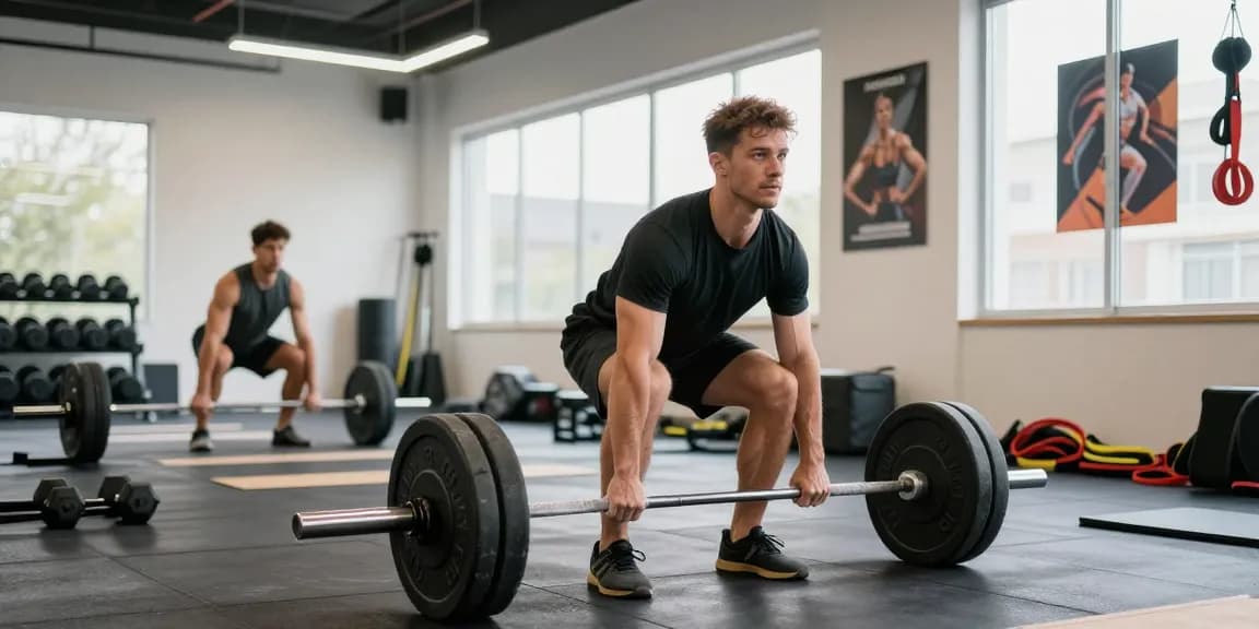 Astera Shop: Fitness Szene mit Athlet, der Deadlifts im modernen Studio ausführt.