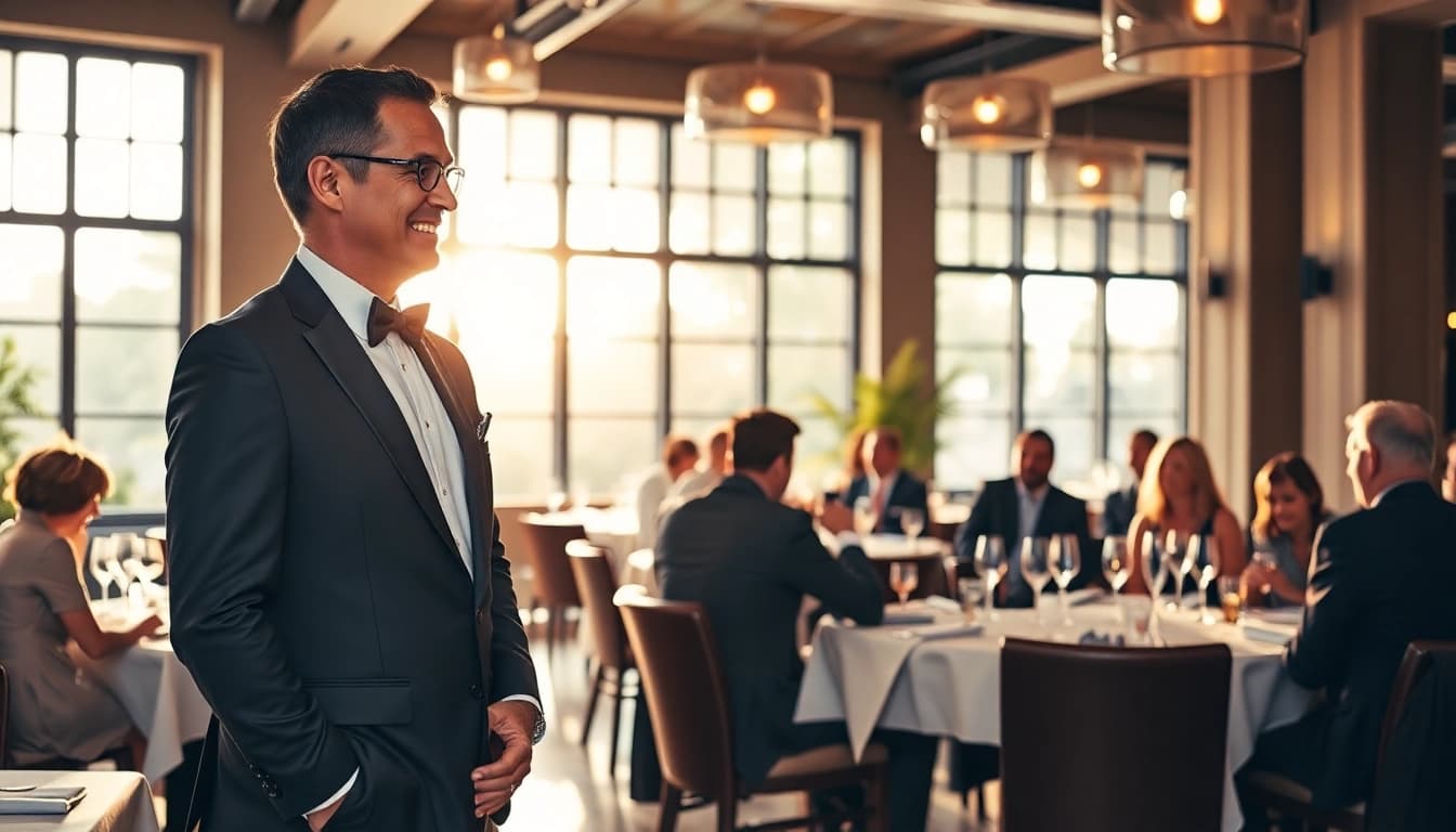 Headhunter Gastronomie berät in stilvollem Restaurant mit zufriedenen Gästen im Hintergrund