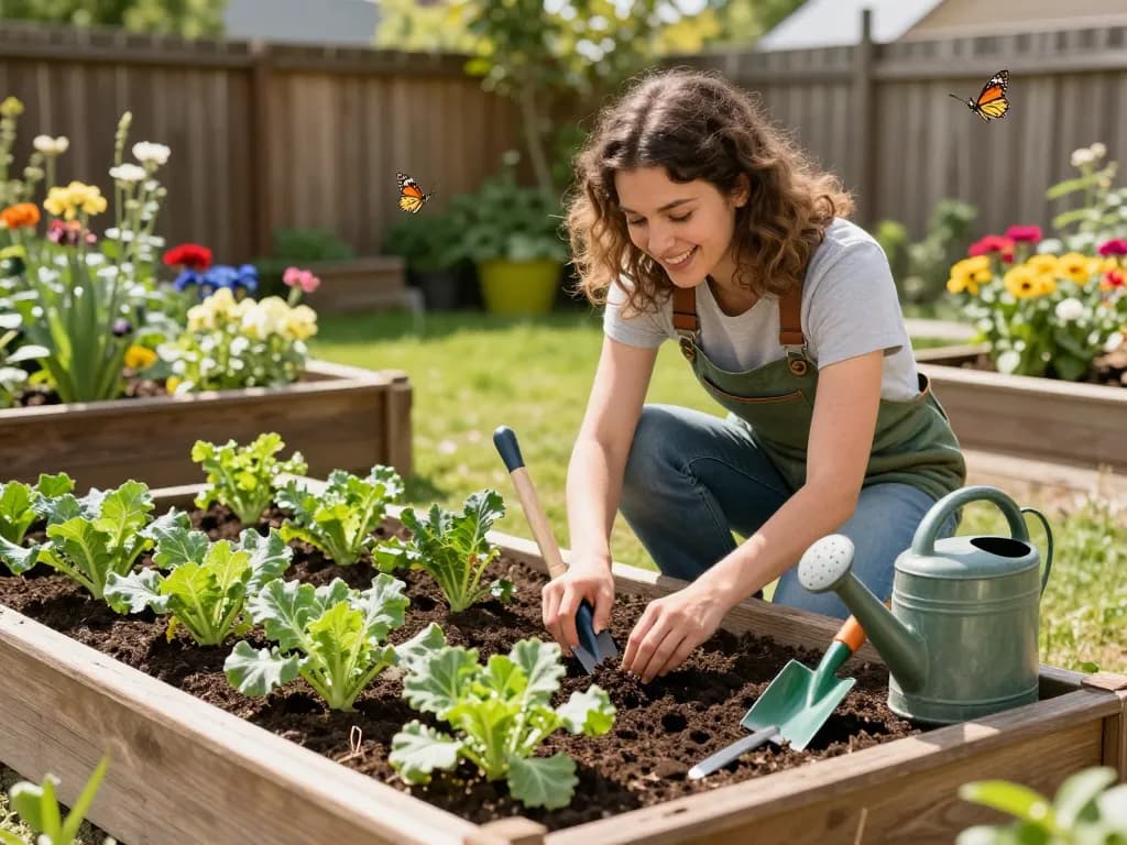 Gardener planting lauchpflanzen in a sunny backyard vegetable patch.