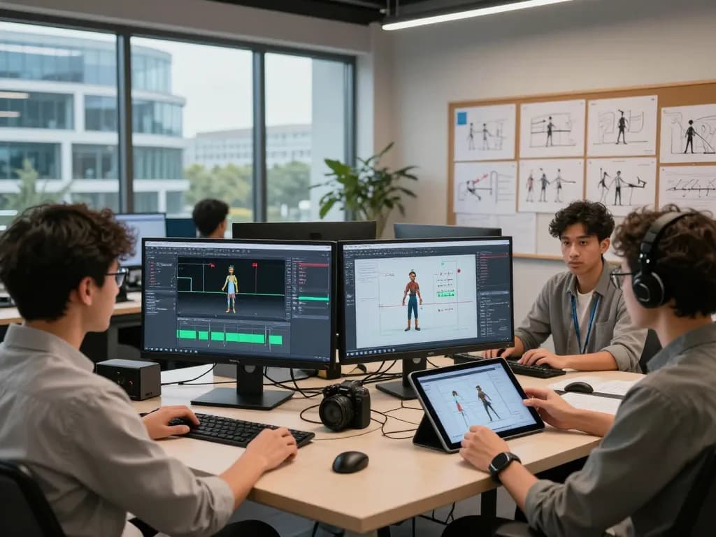 Team collaborating on advanced motion control technology in a bright studio.