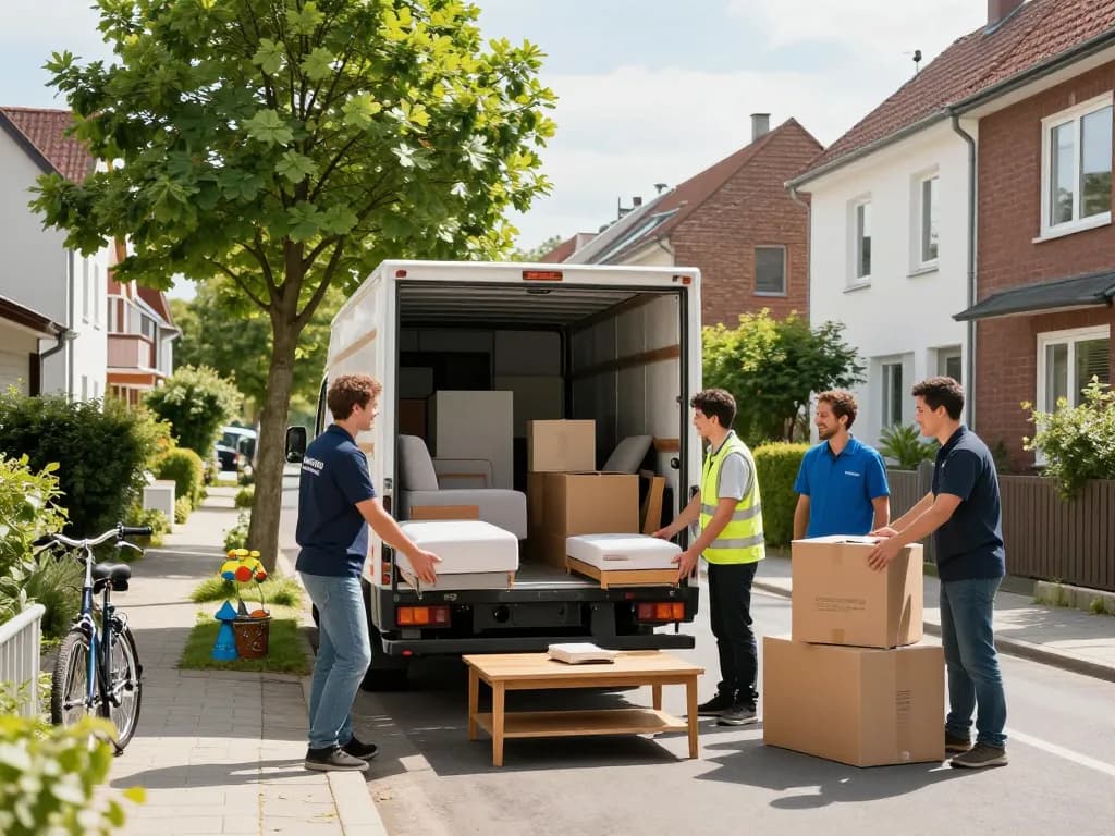 Professionelle Umzugshelfer von Umzugsunternehmen Hannover beladen einen Truck mit Möbeln in einer sonnigen Nachbarschaft