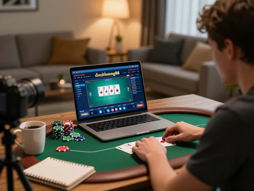 Play poker online with gamedoithuong88 amid a focused home gaming setup highlighting strategy