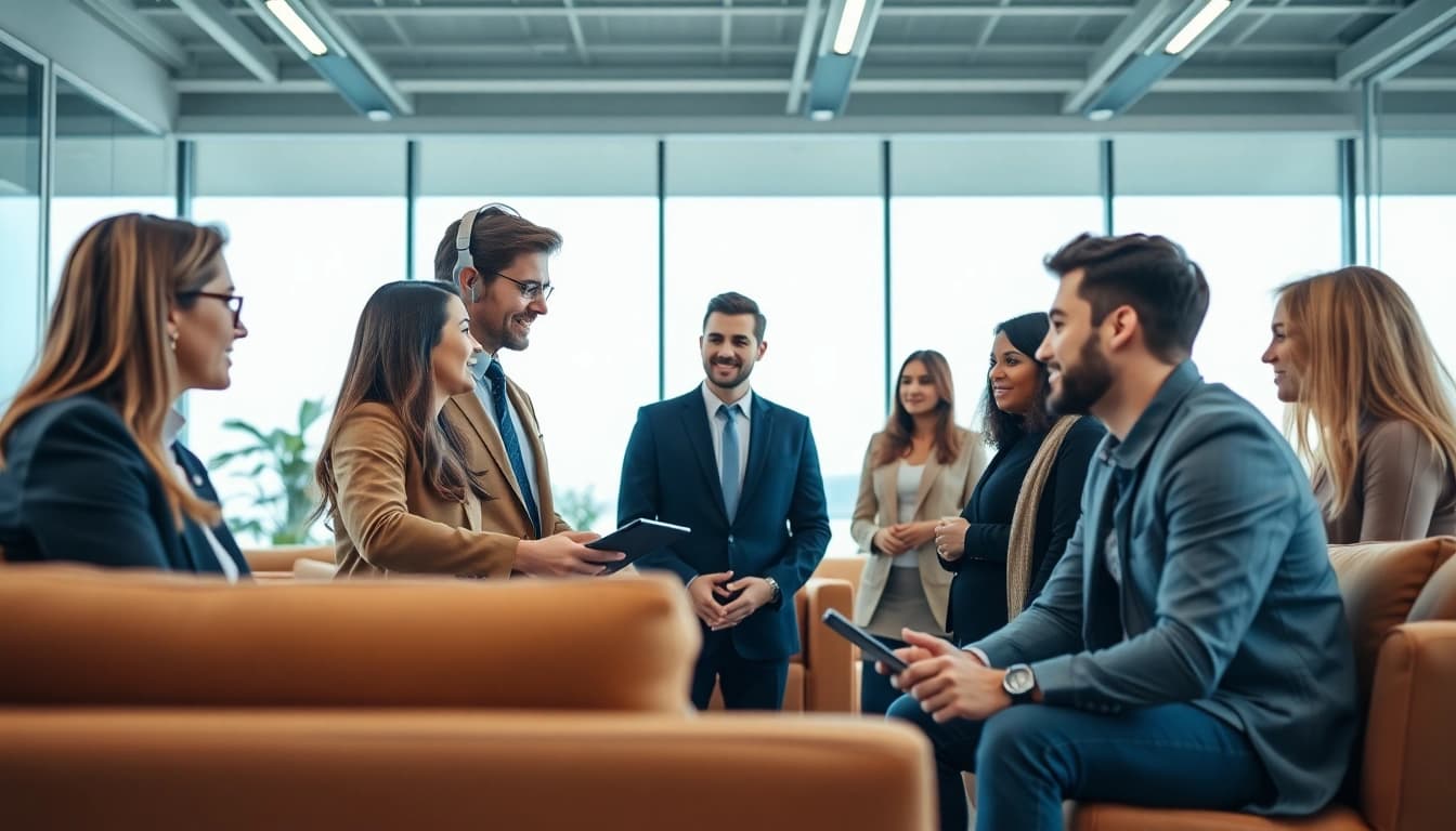 Headhunter Schweiz unterstützt Kandidaten in einem modernen Büro mit engagierter Kommunikation.