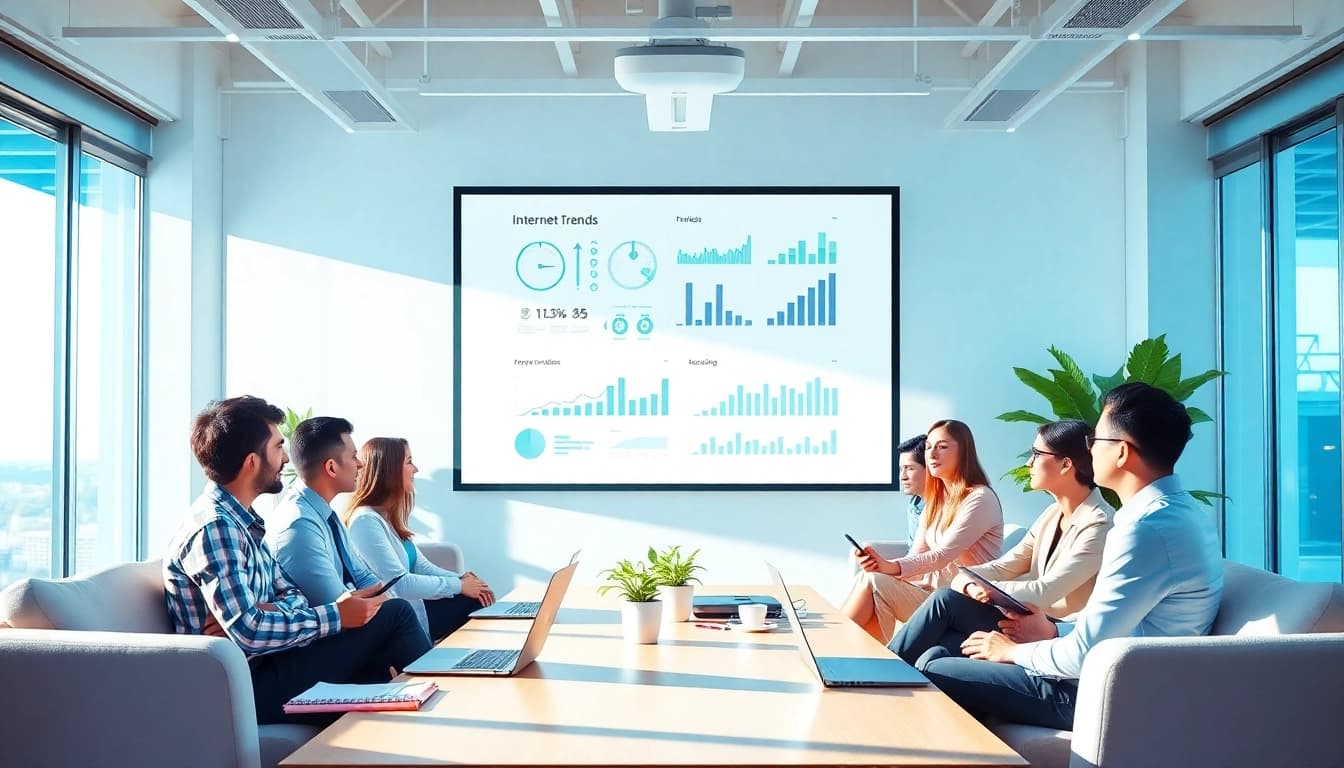 Internet Trends infographic with a diverse team collaborating in a modern office setting.