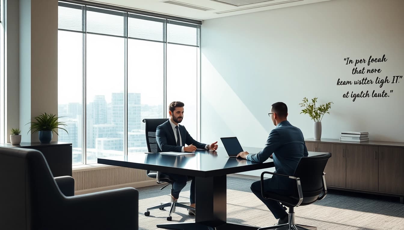 Headhunter IT im Gespräch mit einem Kandidaten in einem modernen Büro.