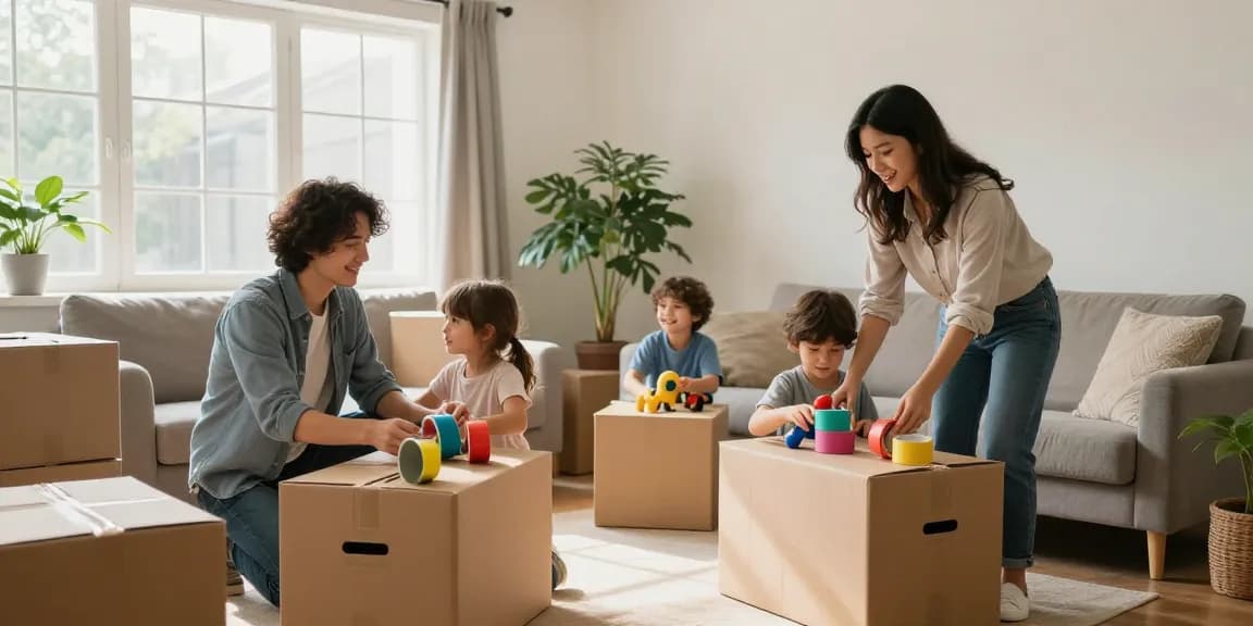 Umzugsunternehmen Darmstadt hilft Familien beim stressfreien Umzug mit Kartons und freundlicher Atmosphäre.