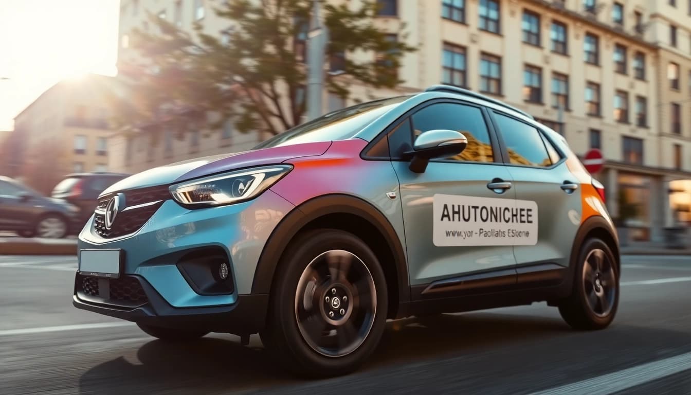 Autobestickering zeigt ein Fahrzeug mit auffälligen Aufklebern, das Werbung macht.