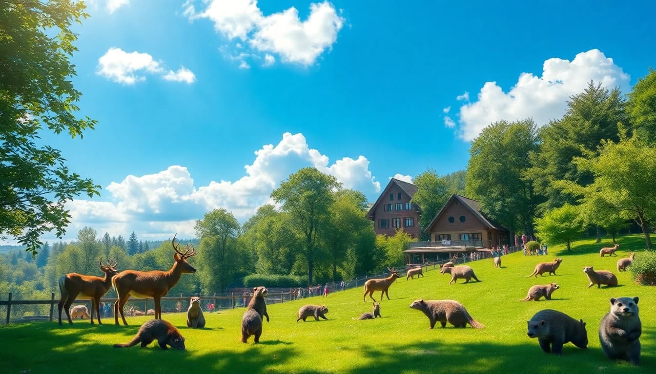 Families interacting with animals at schwarze-berge.de wildlife park.