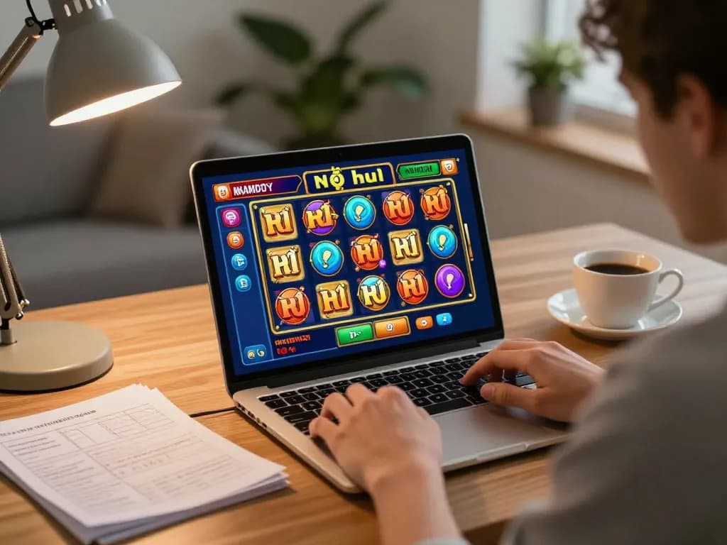 A player engaging with an exciting nổ hũ slot game during a cozy online casino session at home.