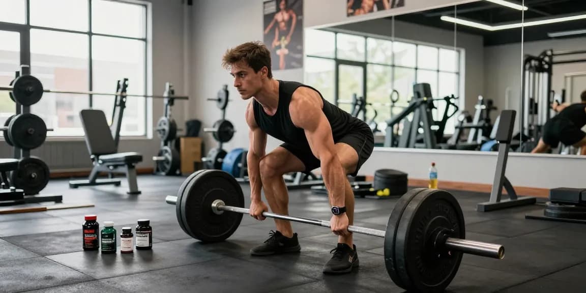 Kraftsportler, der in einem modernen Fitnessstudio Kreuzheben macht und seine leistungssteigernde Reise mit Steroidshop-Produkten zeigt.
