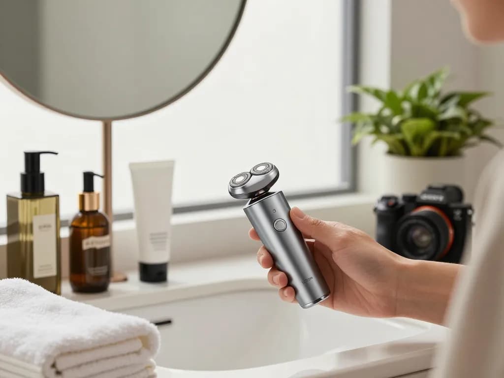 Laifen Europa elektrischer Rasierer in einem luxuriösen Badezimmer mit stilvollen Pflegeaccessoires präsentiert
