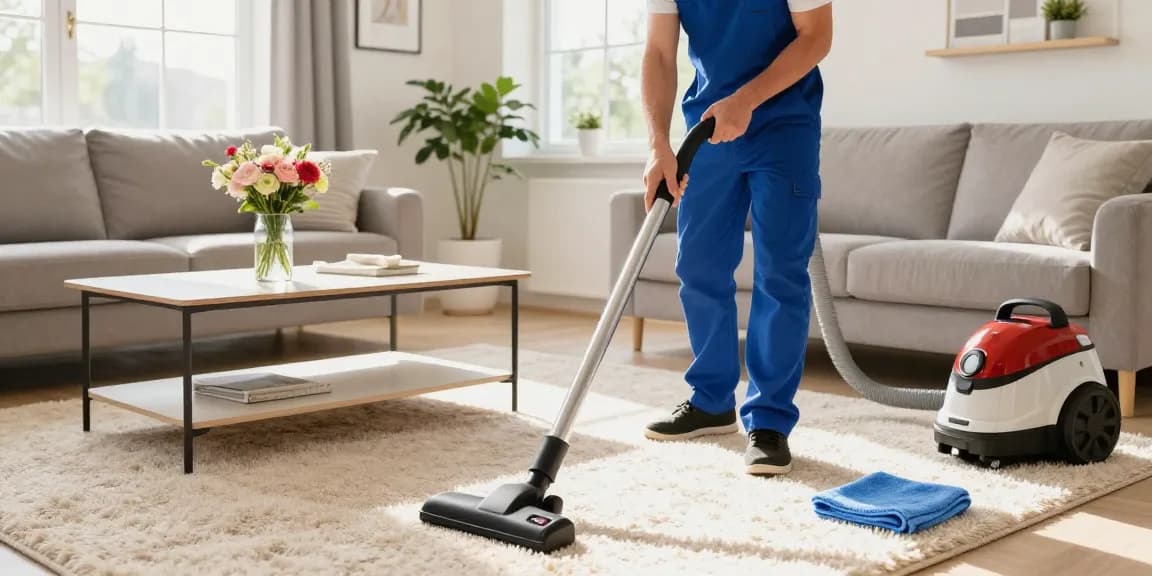 Expert technician from reinigungsfirma solothurn cleaning bright living room with vacuum.