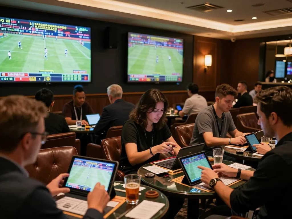 34win enthusiasts analyzing stats and betting slips in a stylish sports lounge atmosphere.