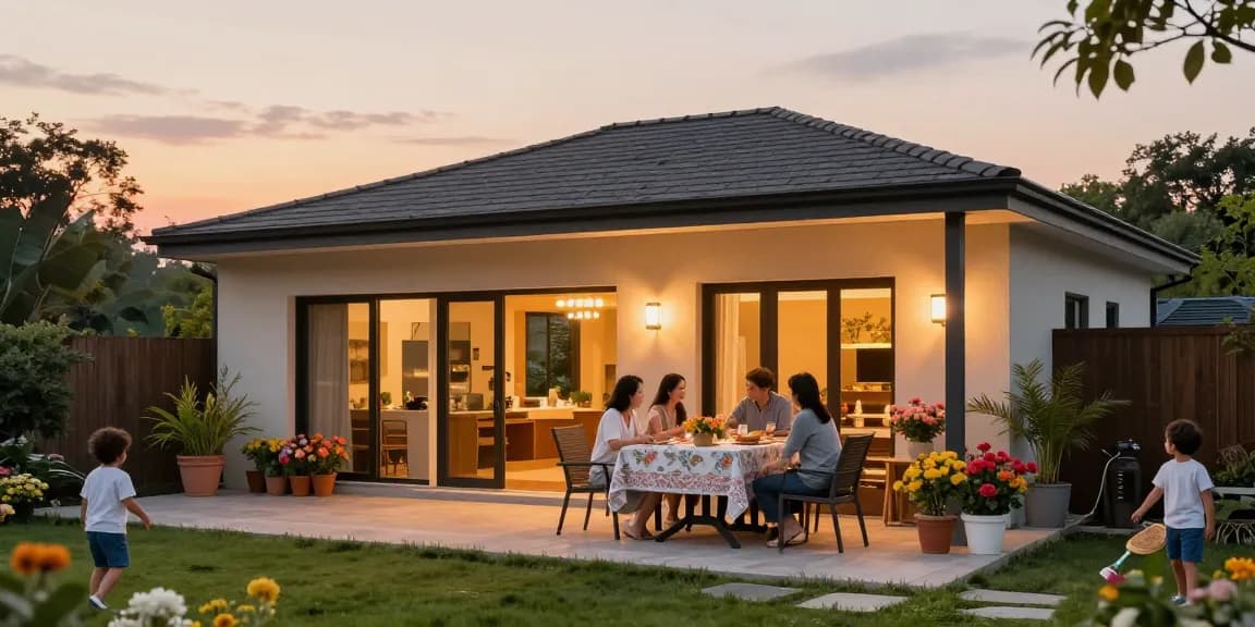 Terrassenüberdachung freistehend mit Familienessen im Garten bei Sonnenuntergang