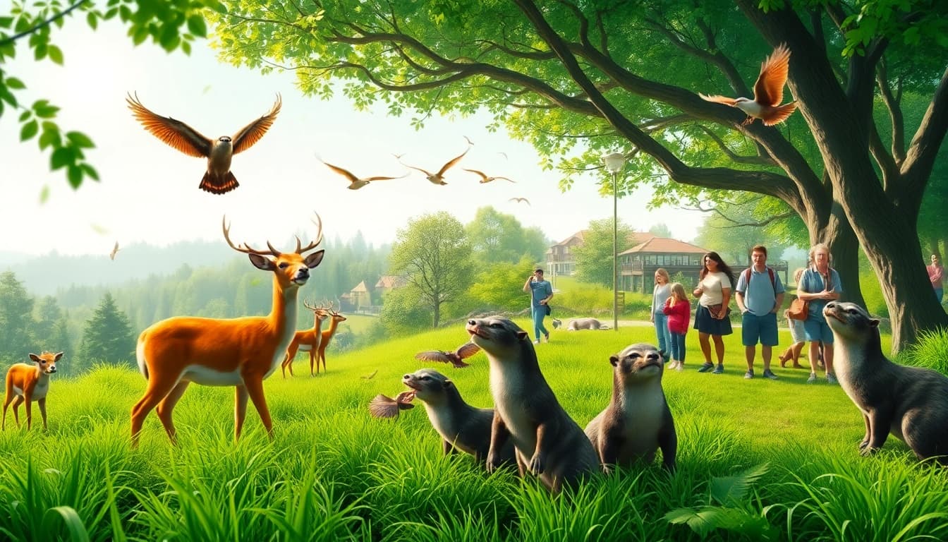 Experience the joy at schwarze-berge.de with families feeding animals in a vibrant wildlife park.