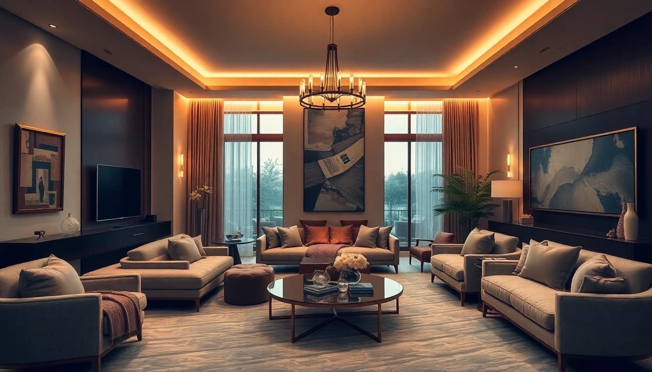 Experience luxury with a warmly lit, elegantly furnished living room exuding comfort and sophistication.