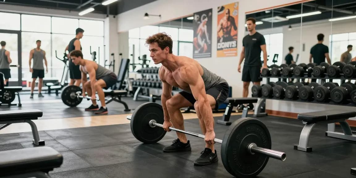 Anabolika Shop: Bodybuilder beim Deadlifttraining in moderner Fitnessumgebung.