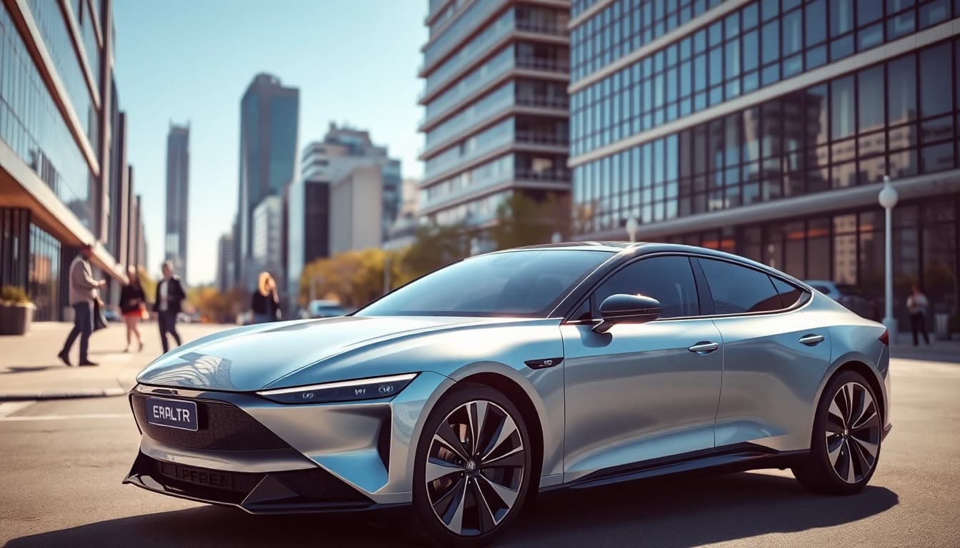 Elektroautos parken in einer urbanen Landschaft mit modernem Hintergrund.