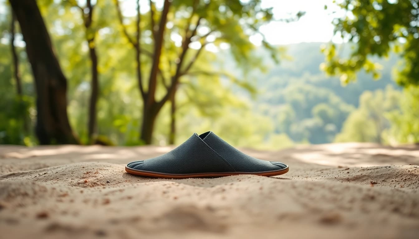 Barfußschuhe elegant und umweltfreundlich in einer natürlichen Umgebung und grünem Hintergrund.