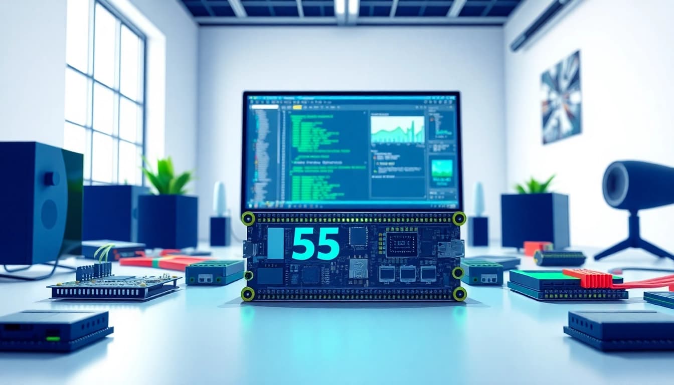 M5Stack Entwicklungsumgebung mit verschiedenen entwickelten Modulen und Zubehör auf einem modernen Schreibtisch.