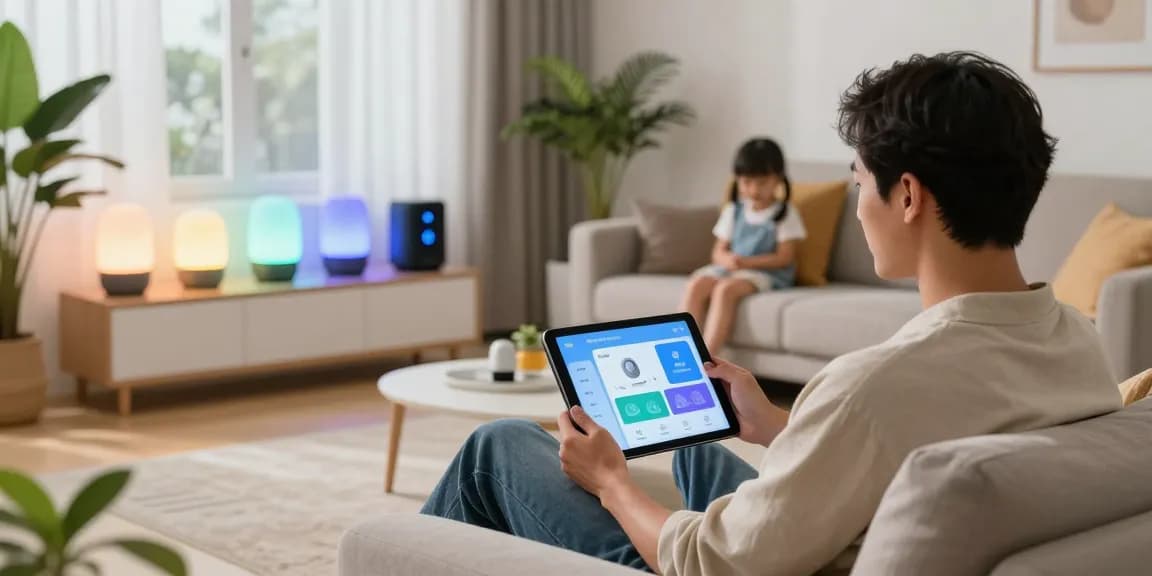 Engaging Homey Pro 2026 test scene showcasing smart home control features and user interaction.