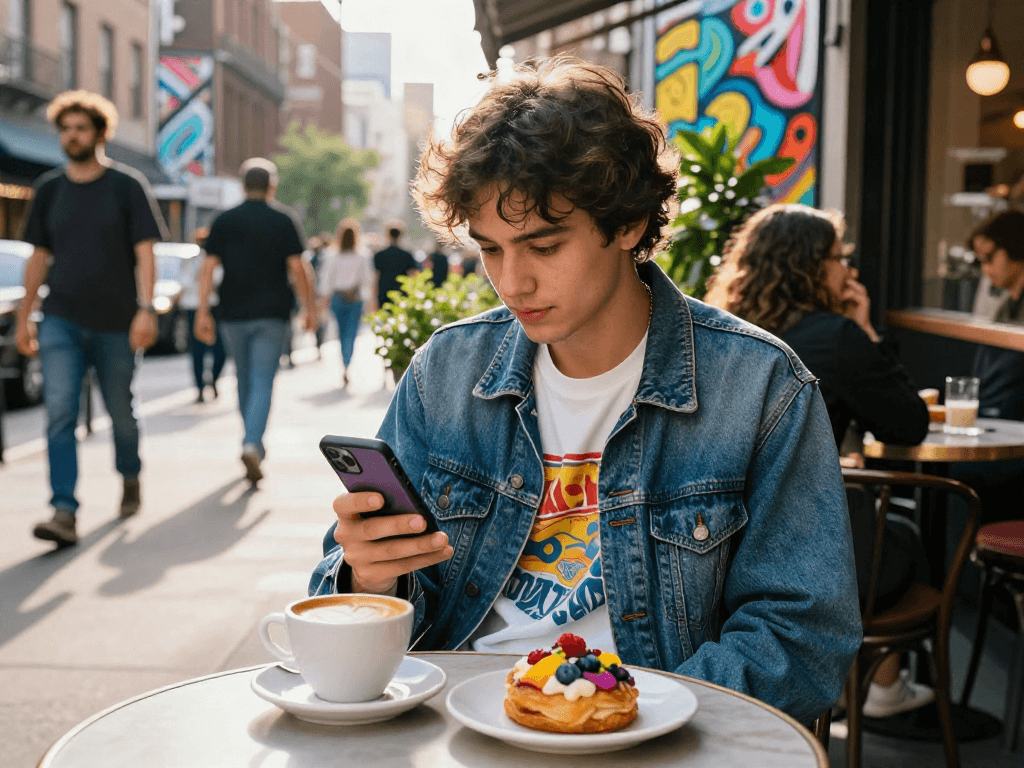 Youth enjoying coffee while using rokok88 app outdoors in city.