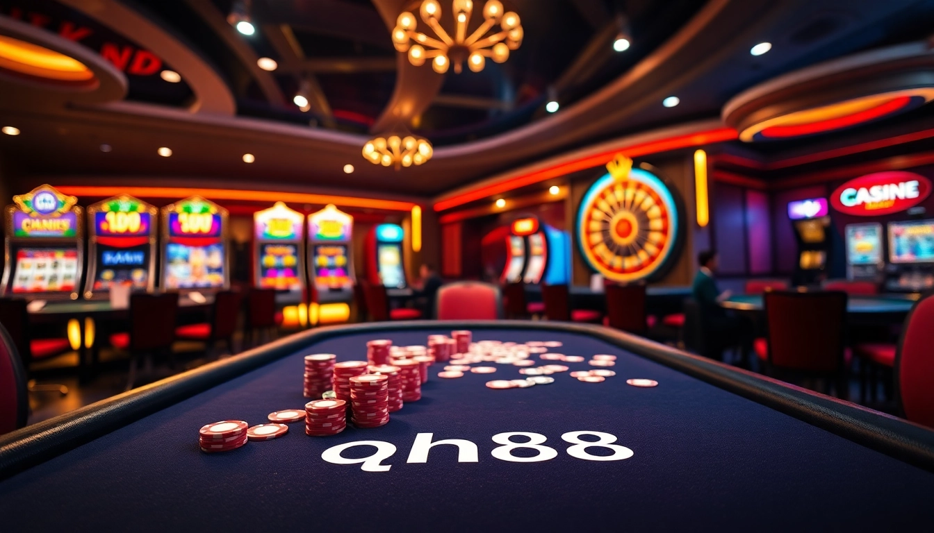 Players enjoying an exciting game at QH88 casino table, filled with vibrant poker chips and cards.