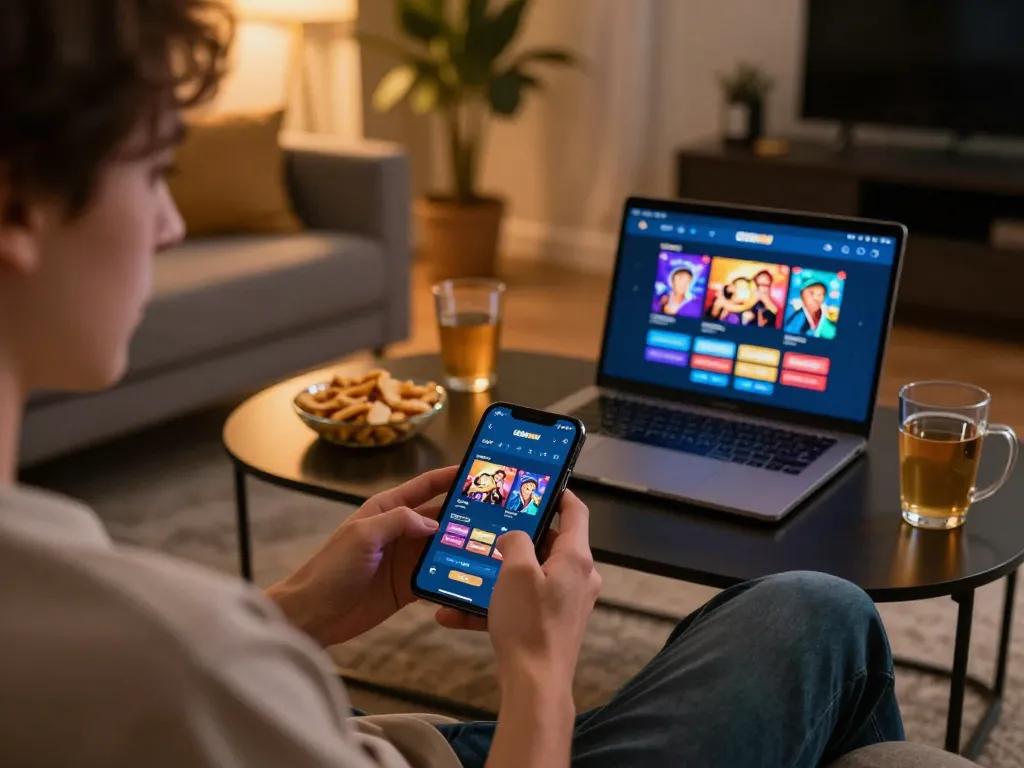888NEW mobile app user enjoying an engaging gameplay experience in a cozy living room setting